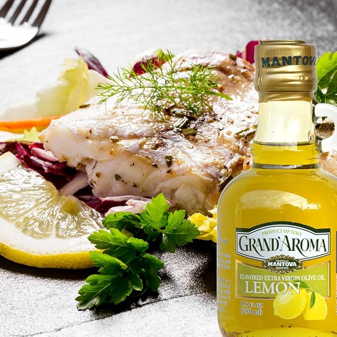 Mantova Grand’Aroma Lemon Flavored Extra Virgin Olive Oil made in Italy cold-pressed 100% natural heart-healthy cooking oil perfect for salad dressing pasta garlic bread meats or pan frying 8