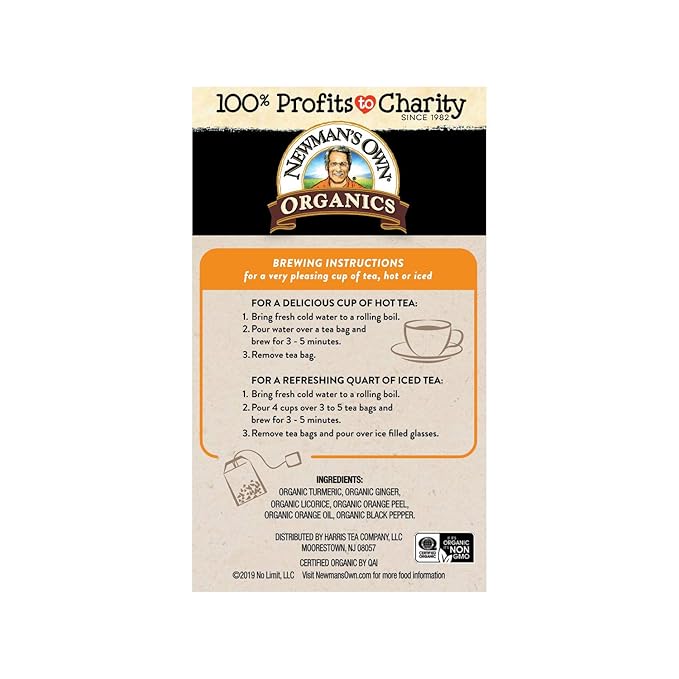 Newman's Own Organic Turmeric Ginger Herbal Tea Caffeine-Free Savory &amp Spicy Flavors Combined For The Perfect Cup Of Tea 6 Pack Of 20 Tea Bags Individually Wrapped 120 Teabags Total