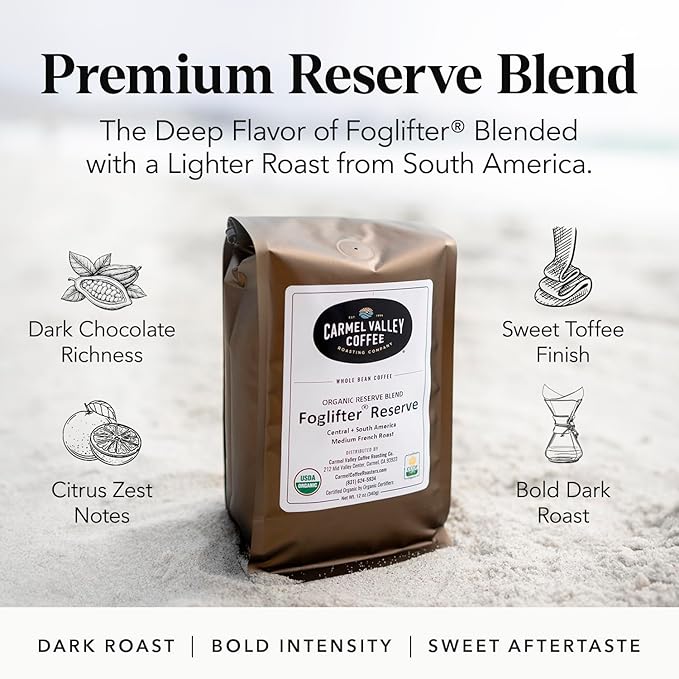 Carmel Valley Coffee Roasting Foglifter® Reserve – Whole Bean Organic Medium Dark Roast Coffee Connoisseur's Premium Blend Citrus Zest &amp Toffee Notes 12 Ounce Bag