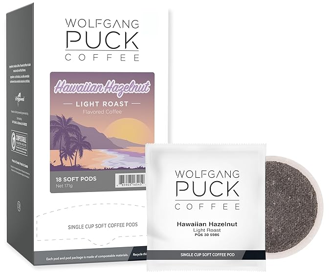 Wolfgang Puck Coffee Hawaiian Hazelnut Flavored 9.5 Gram soft Pods 18 Count (Pack of 3)
