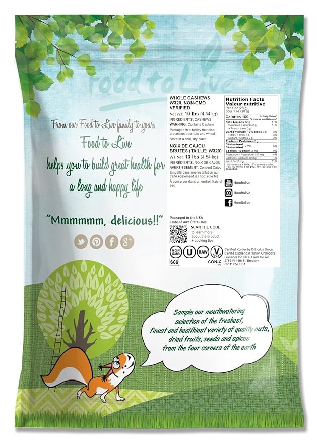 Food to Live - Raw Cashews 10 Pounds Non-GMO Verified Deluxe Whole Nuts Unsalted Unroasted Fancy Snack Size W-320 Kosher Vegan Bulk A good source of Magnesium Phosphorus.