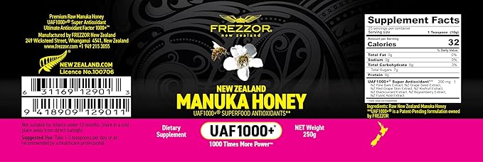 FREZZOR Premium Raw Manuka Honey New Zealand with UAF1000+ Perfect Daily Wellness Ritual Superfood 4 Jars (8.8oz/250g per jar)