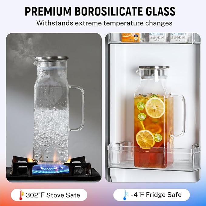 Netany 4 Pack 2 Liters/68 oz Square Glass Pitcher with Lid and Handle for Fridge Iced Tea and Coffee Carafe Beverage Serveware Heat Resistant Borosilicate Water Jug for Hot/Cold Drinks and Milk