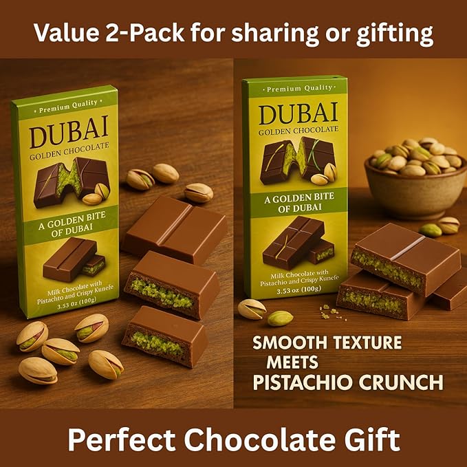 Zimply Foods 2 Packs Each 3.53 Oz Dubai Chocolate Bars - Luxurious Milk Chocolate with Pistachio and Crispy Kunefe Middle Eastern-Luxury Artisan Pistachio Dubai Choclate Gift for Gifting. Premium Qua