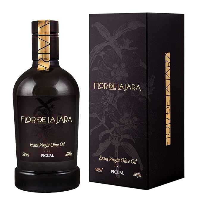 FLOR DE LA JARA Premium Extra Virgin Olive Oil from Spain First Cold Pressed Polyphenol-Rich Monovarietal Picual Hand-Harvested Olives Family-Owned Grove Low acidity (01%) 16.9 fl oz (500ml)