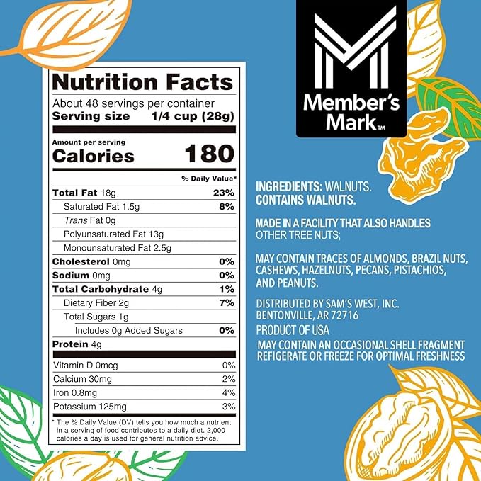 Member Mark Natural Shelled Walnuts 3 lbs | Fresh Unsalted Raw Walnuts | Resealable Bag | Heart-Healthy Snack for Baking Cooking &amp Everyday Nutrition - Bulk Disc