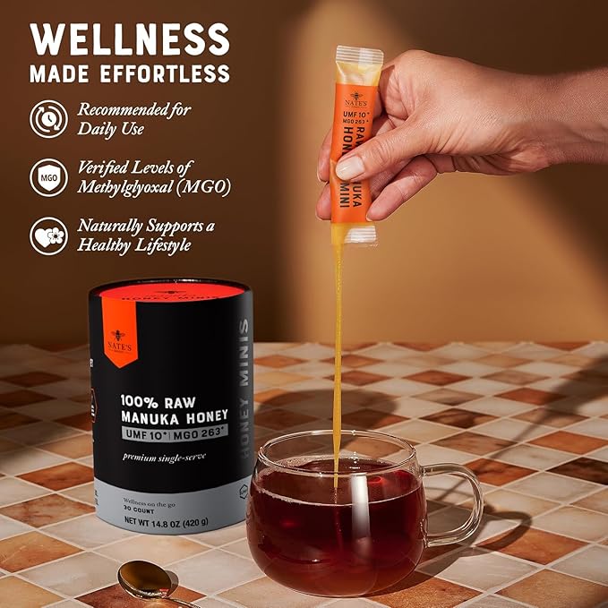 Nate's Manuka Honey Minis - 30 count Single-serve Pure Manuka Honey - MGO 263+ | UMF Certified 10+ - 30 Single-Serve Packets for On-the-Go Daily Wellness