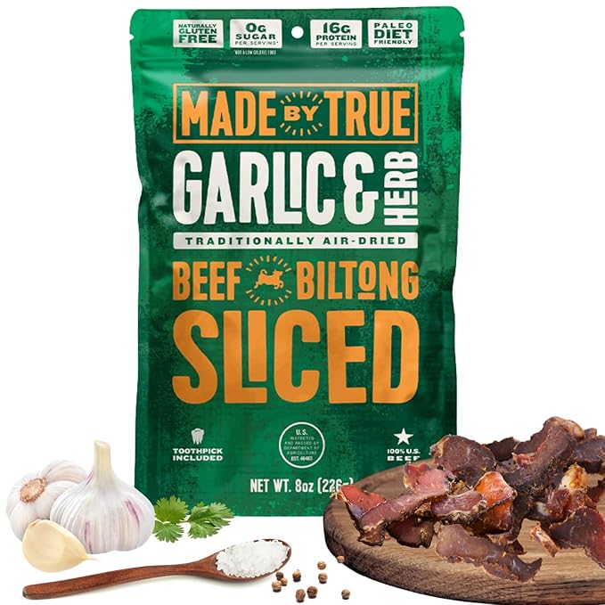 Made by True Beef Sliced Bites Garlic &amp Herb (8 Ounce Pack of 1) - All Natural Zero-Sugar True Jerky Biltong - High Protein Keto Paleo &amp Whole 30 Diet - Sugar-Free Gluten-Free Carb-Free