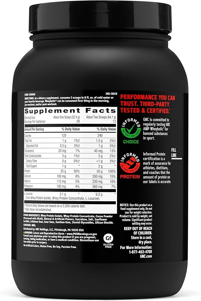 GNC AMP New Wheybolic- Clinically Studied Whey Protein Powder for Workouts &amp Active Lifestyles- High Leucine Content- Smooth Mixing Drink Mix for Fitness Shakes- Chocolate Fudge- 29.7 Oz (13 Servi