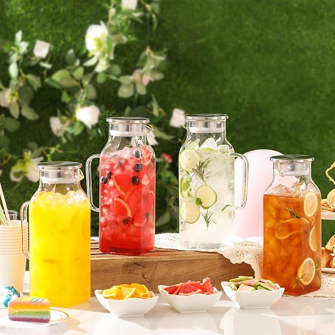 Netany 4 Pack 2 Liters/68 oz Square Glass Pitcher with Lid and Handle for Fridge Iced Tea and Coffee Carafe Beverage Serveware Heat Resistant Borosilicate Water Jug for Hot/Cold Drinks and Milk