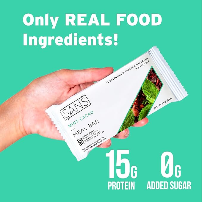 SANS Meal Replacement Protein Bar Gluten Free Healthy High Protein Snacks High Fiber No Sugar Added Dairy Free Soy Free Mint Cacao 12 Bars