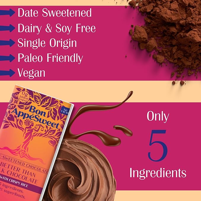 Bon Appesweet Date Sweetened Chocolate Bar - Better Than Milk Chocolate with Crispy Rice | 2.2 Ounce (Pack of 5) | Organic Zero Added Sugar 54% Cacao Plant Based Dairy Free and Guilt Free!