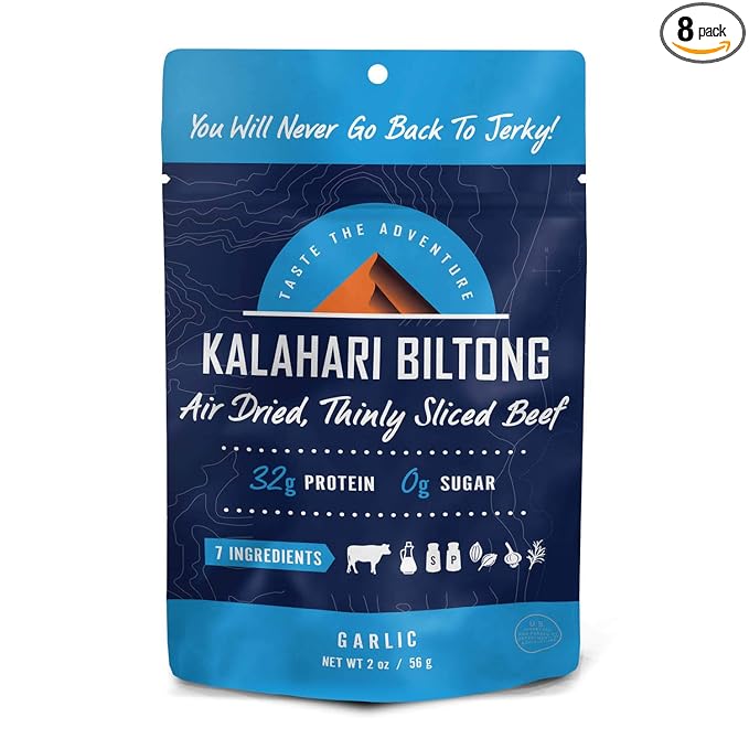 Garlic Kalahari Biltong Air-Dried Thinly Sliced Beef 2oz (Pack of 8) Sugar Free Gluten Free Keto &amp Paleo High Protein Snack