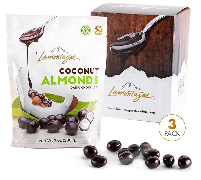 Lamontagne Dark Chocolate Coconut Almonds Case of 3 bags - Gluten-free Peanut-free and Palm Oil-Free Snack