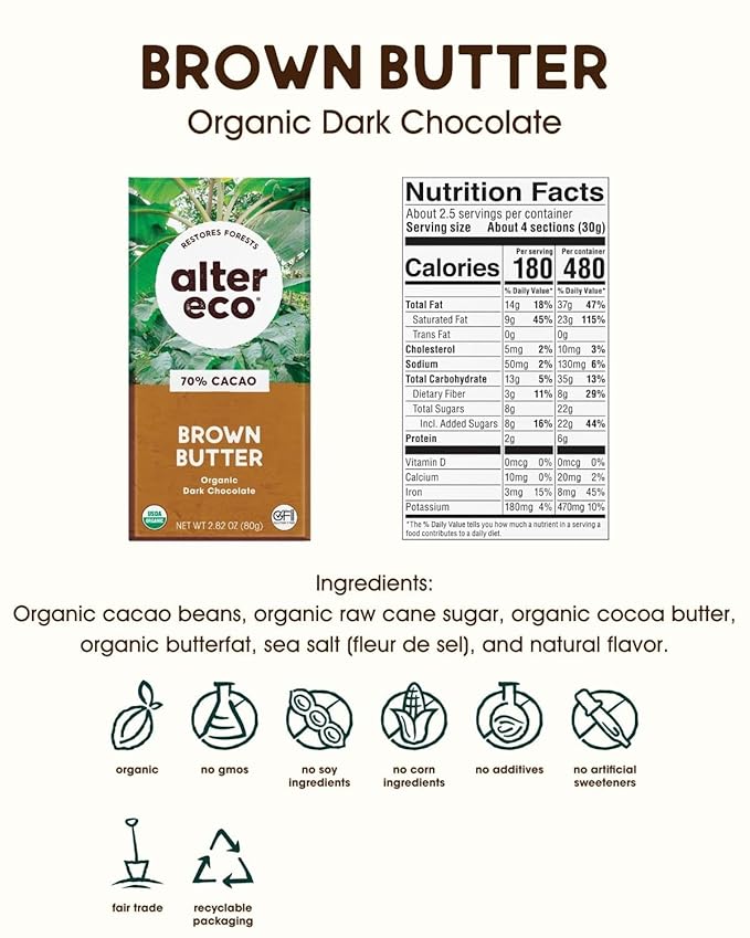 Alter Eco | Dark Chocolate Bars | Pure Dark Cocoa Fair Trade Organic Non-GMO Gluten Free (4-Pack Brown Butter)
