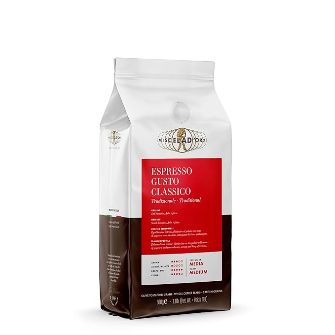 Miscela d'Oro Espresso Gusto Classico – 1.1 lb (500g) Italian Medium Roast Balanced Intense Rich – Whole Bean Coffee Made in Italy