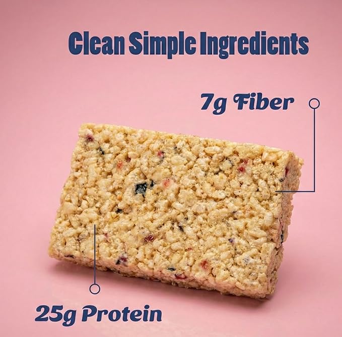 Crispy Rice Protein Bar | 25 g Protein No Added Sugar 7 g Fiber Gluten Free | High Protein Snack for On-the-Go Post-Workout or Dessert Cravings | 8 Count (Island Berry)