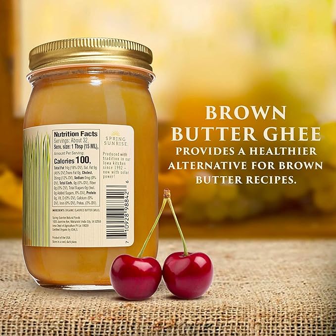 Spring Sunrise Organic Brown Ghee - Grass Fed Clarified Butter - Keto &amp Paleo Friendly Lactose &amp Gluten Free Cooking Oil with High Smoke Point - 16 oz Jar