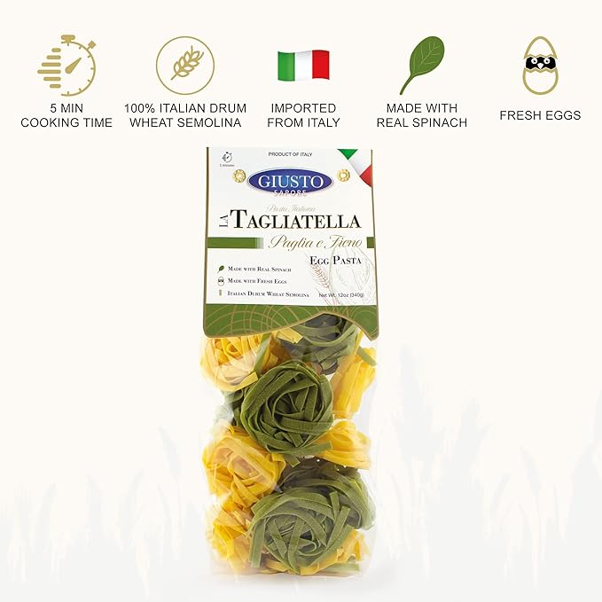 Giusto Sapore Italian Pasta - Egg 340g - Premium Bronze Drawn Durum Wheat Semolina Gourmet Pasta Brand - Imported from Italy and Family Owned (Paglia e Fieno 6 Pack)