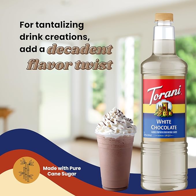 Torani White Chocolate Syrup 1 Liter Bottle with Pump – Premium Coffee Flavoring with Natural Ingredients for Lattes Mochas Desserts Cocktails &amp Baking – Café-Style Sweetener for Home Baristas