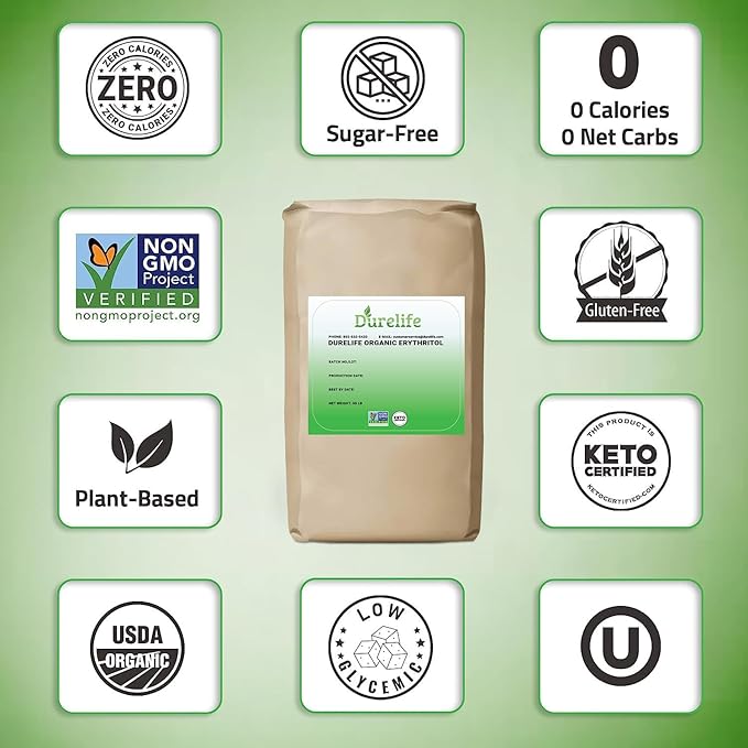 Durelife USDA organic erythritol sweetener non gmo verified Keto certified No After Taste Kosher Zero Calorie Plant-Based Sugar Alternative 55 LB Bulk Bag 880 oz