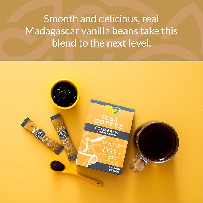 Cusa Tea &amp Coffee | Premium Instant Vanilla Dark Roast | Rainforest Alliance Certified Arabica Beans | Hot or Cold Brew Drink Mix Packets (30 Single Servings)