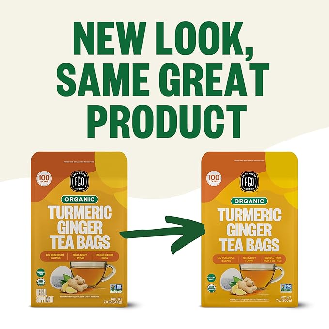 FGO Organic Turmeric Ginger Tea Eco-Conscious Tea Bags 100 Count Packaging May Vary (Pack of 1)