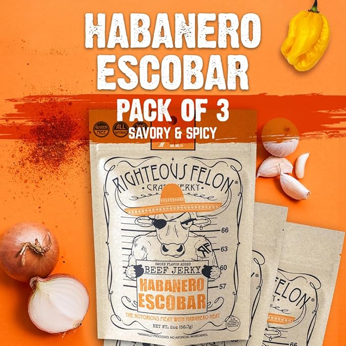 Righteous Felon Beef Jerky - Habanero Escobar Flavor - All-Natural - Locally Sourced &amp Dried Beef Jerky - Low-Sugar High-Protein Healthy Snacks - 2 Ounces Pack of 3