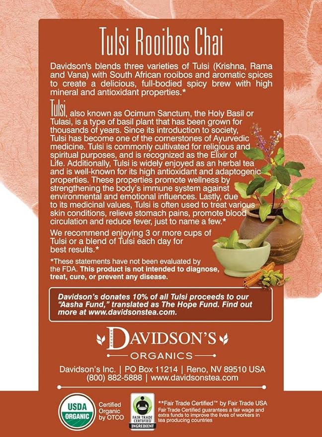 Davidson's Organics Tulsi Rooibos Chai 8-count Tea Bags Pack of 12