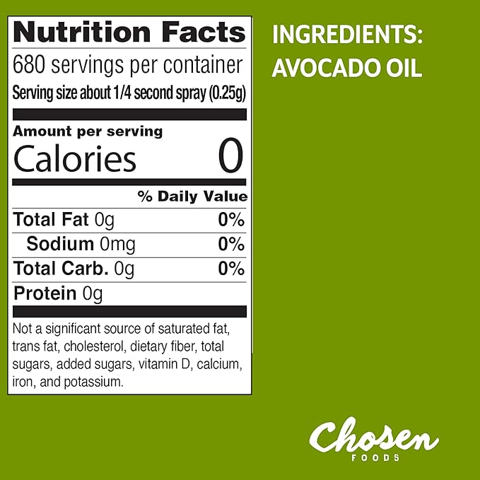 Chosen Foods 100% Pure Avocado Oil Spray Keto Diet Friendly Kosher Cooking Spray for Baking High-Heat Cooking and Frying (6 oz 3 Pack)