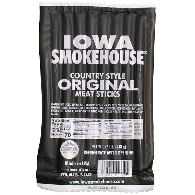 IOWA SMOKEHOUSE Country Style Meat Sticks Original - Delicious Meat Snack - Vacuum Sealed &amp Ready to Eat Sticks - 7g of Protein Made with all USA Pork - 16 Oz (16 sticks per pack)