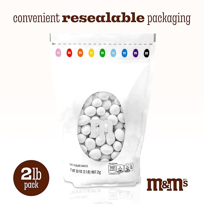 M&ampM’S WORLD White Peanut Chocolate Candy 2lbs of Bulk Candy in Resealable Pack for Weddings Graduations Dessert Tables Birthday Parties Candy Bars &amp Sweet Stuff for DIY Party Favors