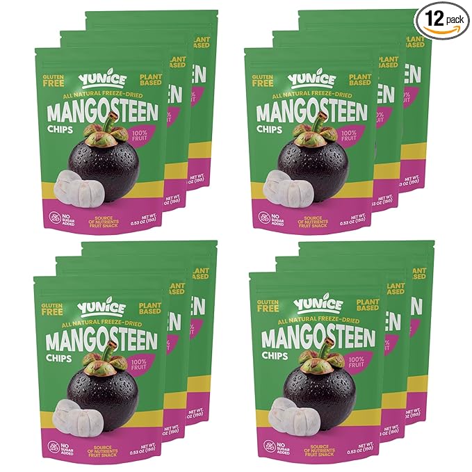 YUNiCE mangosteen Chips freeze dried mangosteen Fruit Snack 100% Real Fruit No Sugar Added Vegan Plant-Based Gluten Free Crispy Snack 0.53 oz Single Serve Pouches MANGOSTEEN (Pack of 12)