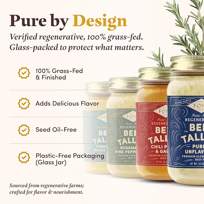FOND Regenerative Grass-Fed Beef Tallow for Cooking – High Smoke Point Grass Fed Beef Tallow for Frying Sautéing &amp Roasting – Sustainably Sourced Seed Oil Free – Variety Pack 14oz (4-Pack)