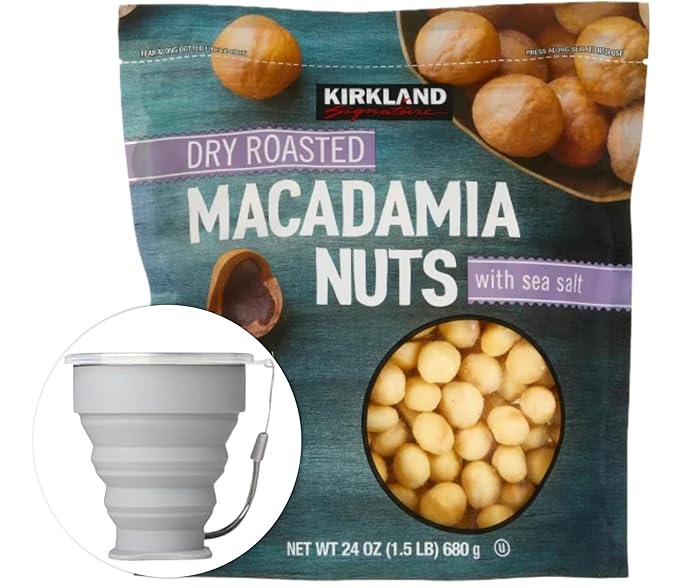 Kirkland Signature Dry Roasted Macadamia Nuts 1.5 lbs. Item 1195303. Bundle with MORALZA Silicone Collapsible Cup 200ml - 2 Items