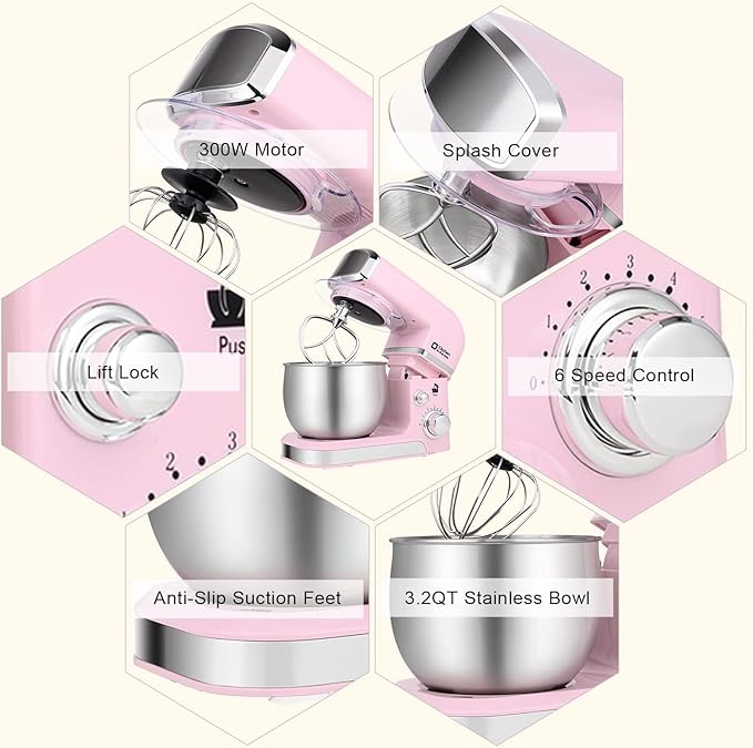 Kitchen in the box Stand Mixer3.2Qt Small Electric Food Mixer6 Speeds Portable Lightweight Kitchen Mixer for Daily Use with Egg WhiskDough HookFlat Beater (Pink)