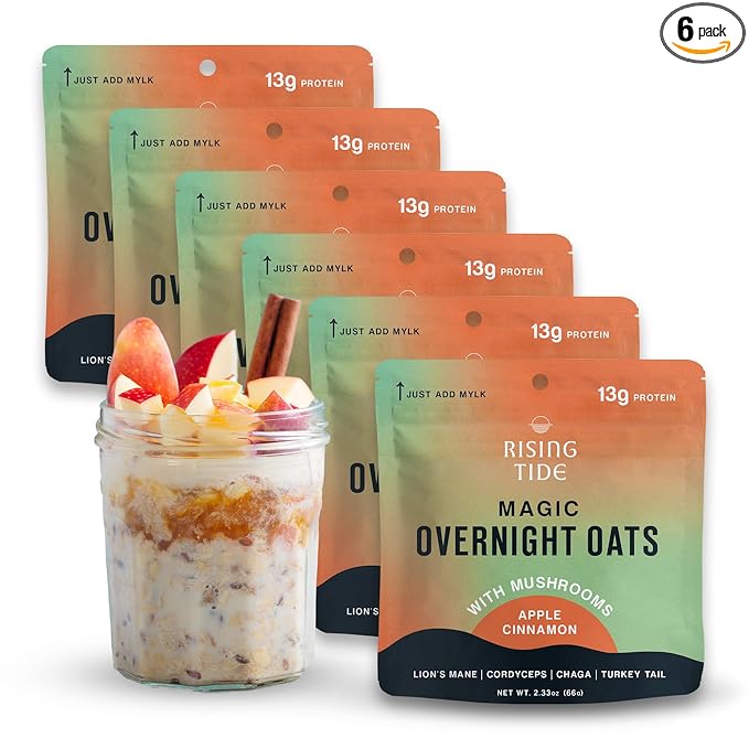 Mushroom Overnight Oats (6 Pack) Superfood Lions Mane Mushroom Chia &amp Flax Seed - Organic Protein Oatmeal - High Fiber Vegan Gluten Free Low Sugar - Easy Prep Plant Protein - Apple Cinnamon