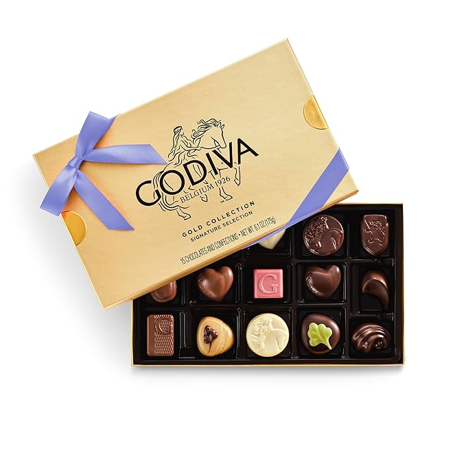 Godiva Gold Assorted Chocolate Gift Box Belgian Dark &amp Milk Chocolates with Pralinés Ganaches &amp Caramels Gourmet Easter Present Kosher Iris Ribbon15 Pc