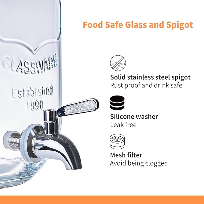 2 Pack1Gallon Glass Drink Dispenser with Stand&ampBamboo Lids&ampFruit Infuser304 Stainless Steel Leak-Proof SpigotBeverage Dispenser for PartiesWater Sangria Juice Sun Tea Lemonade(Brown)