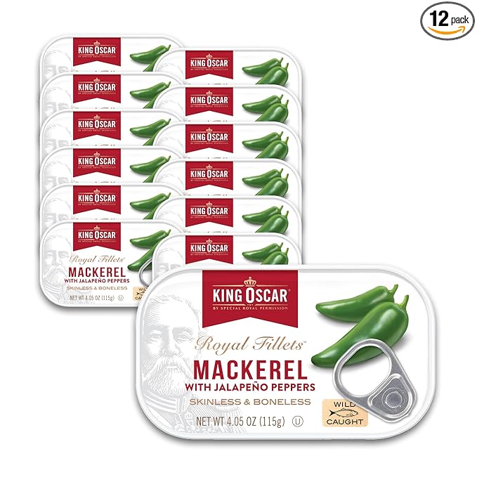 King Oscar Mackerel in Olive Oil with Jalapeño Peppers 4.05 Ounce Cans (Pack of 12 Packaging May Vary) Skinless &amp Boneless Wild Caught Canned Mackerel