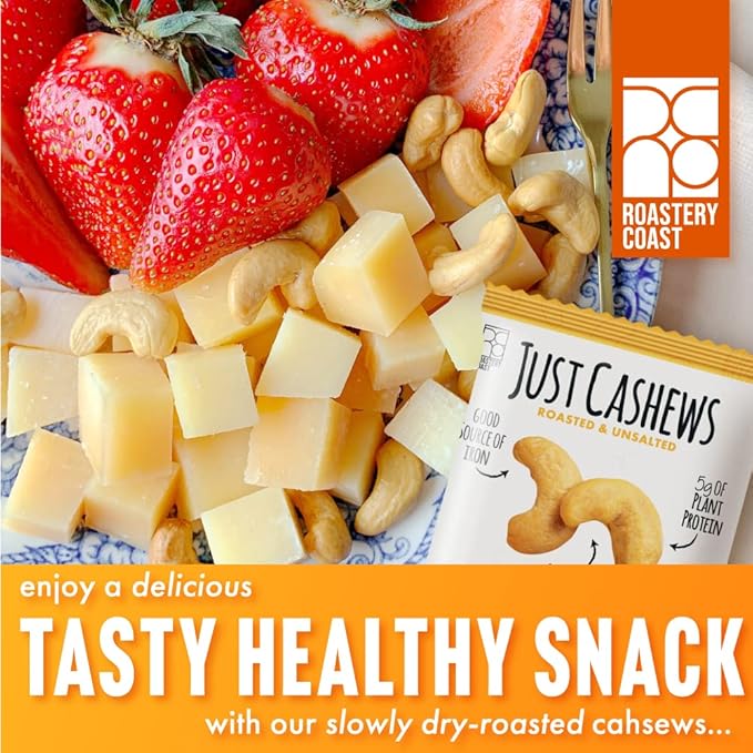 Roastery Coast - Just Cashews Unsalted | Individually wrapped snack (1 Oz each) | Whole Unsalted Cashews | Non-GMO Gluten Free Kosher | Cashew Nuts | Gourmet Snack