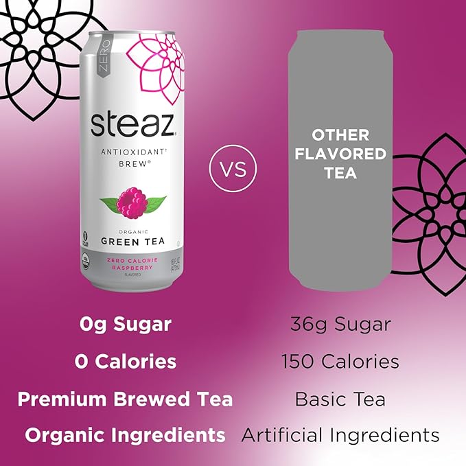 Steaz - Organic Green Tea - Zero Calorie Raspberry (12 Pack) - Antioxidant Brew - 65mg Natural Caffeine Vitamin C - Stevia Sweetened Iced Tea - Vegan Fair Trade - 12 Cans 16 fl oz (473mL)