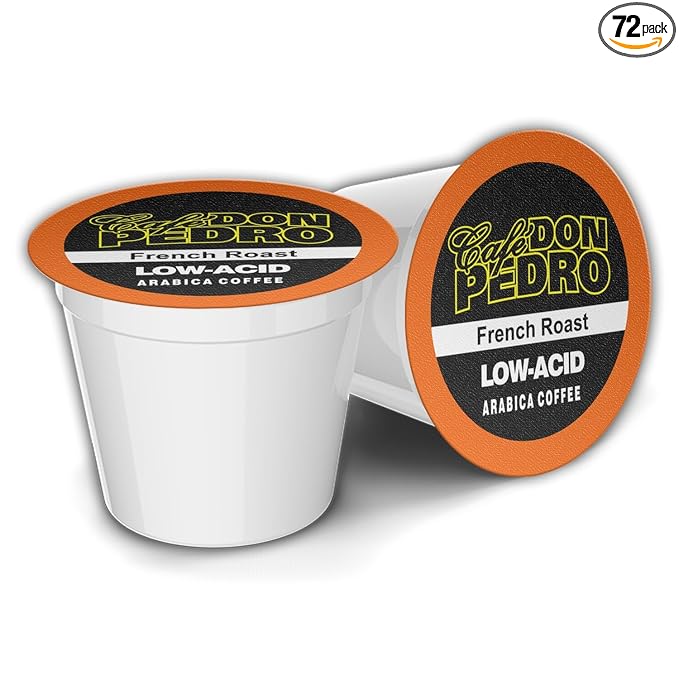 Cafe Don Pedro French Roast Low Acid Coffee Pods - Compatible with Keurig K-cup Coffee Maker Dark Roast 100% Arabica Battles Heartburn Acidic Reflux (72)