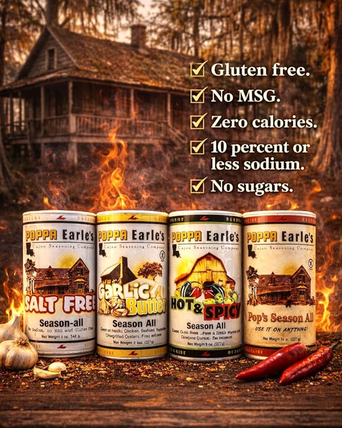 Poppa Earle's Seasoning (Cajun Seasoning Company) Gluten Free and No MSG All Purpose Seasoning Pops Season-all Pack of 3 (8) ounce cans