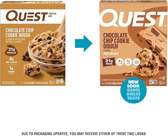 Quest Nutrition Chocolate Chip Cookie Dough - High Protein Low Carb Gluten Free Keto Friendly 2.12 Oz 20 Count (4 Packs of 5)