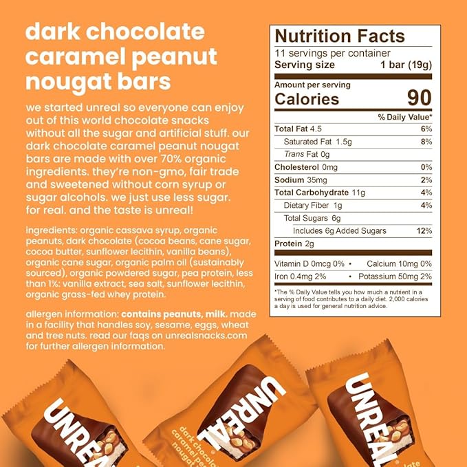 UNREAL Dark Chocolate Peanut Caramel Nougat Bars - Individually Wrapped Low Sugar Chocolate Snacks for Adults &amp Kids Organic Ingredients Soy Free Non-GMO (1 bag 209grams)