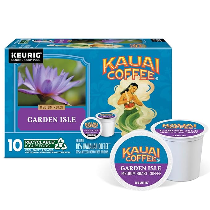 Kauai Coffee K-Cup Pods (Coconut Caramel Crunch Garden Isle Medium Roast &amp Island Sunrise Mild Roast) Variety Pack