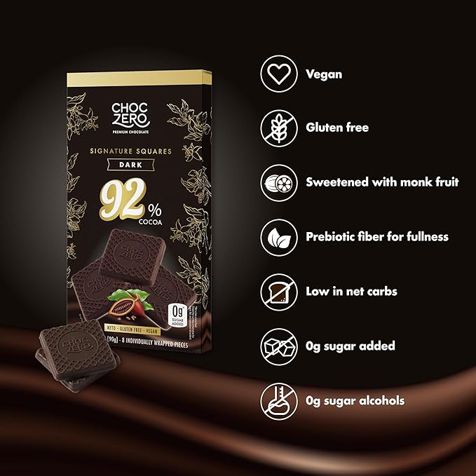 ChocZero 92% Cocoa Ultimate Dark Chocolate Squares – Sugar Free Vegan Keto Friendly &amp High Fiber No Sugar Alcohols – 4 Count (3.2 oz Boxes)