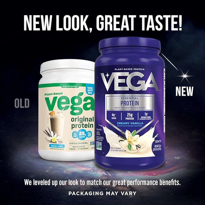 Vega Original Essential Protein - 25g Plant-Based Protein Creamy Vanilla 20 Servings Vegan Non-GMO Drink Mix Smoothie &amp Shake Ready Gluten Free Dairy Free 32.5oz (Packaging May Vary)