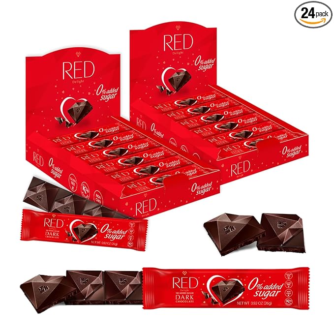 Red Delight Dark Chocolate Snack Bars - Pack of 24 Diamond-Shaped Vegan Chocolates (22.08oz) with Rich Cocoa Flavor - European-Style Dark Chocolates - No Added Sugar Gluten-Free and Kosher Certified